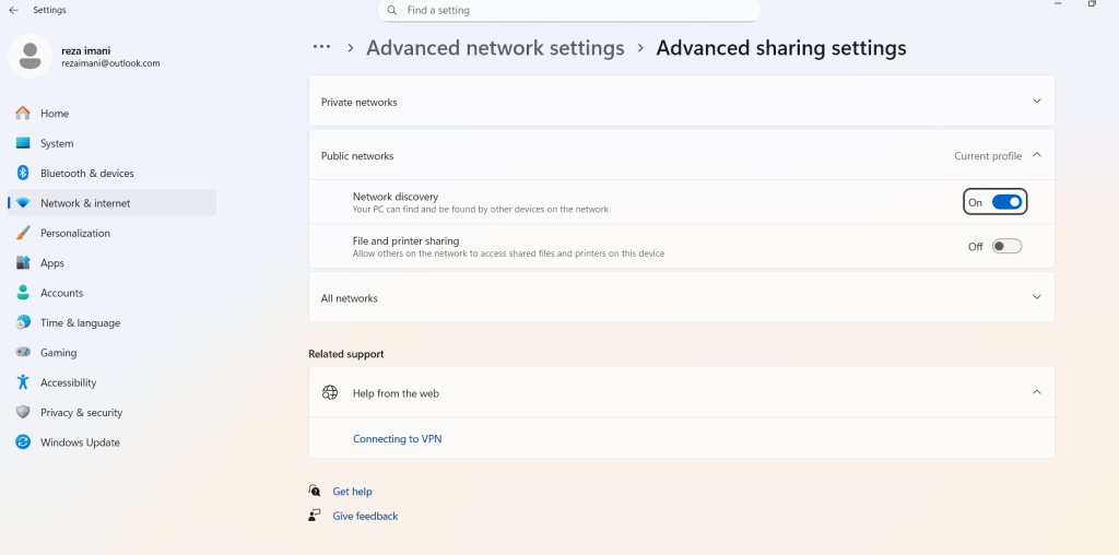 بررسی فعال بودن Network Discovery
