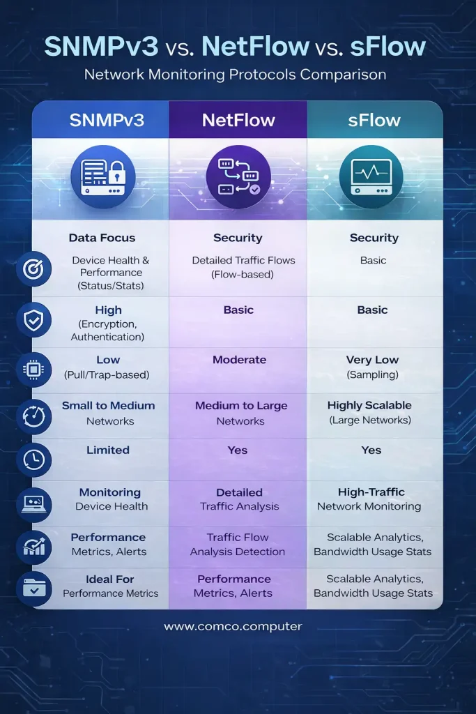 SNMPv3 در مقابل NetFlow و sFlow؛ کدام پروتکل مانیتورینگ برای شبکه شما بهتر است؟ 1 مقایسه پروتکل های snmp netflow و sflow
